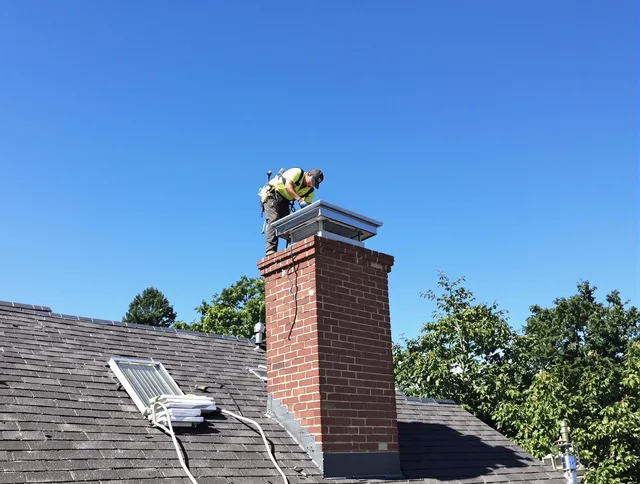 Newington Chimney Sweep technician measuring a chimney cap in Newington, CT