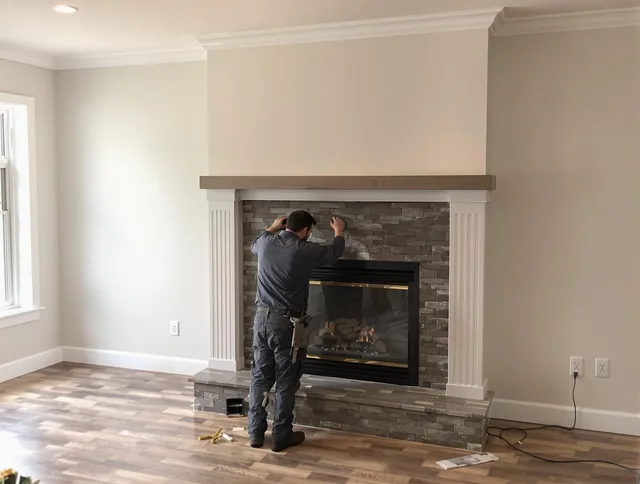 Newington Chimney Sweep finishing a custom fireplace install in Newington, CT